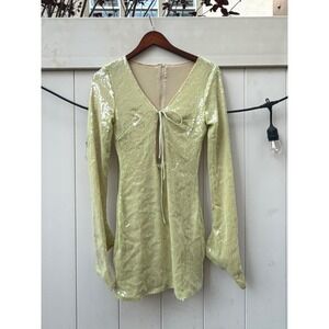 Musera Lime Green Sequin Mini Dress Long Sleeve Cutout Tie Front Party Size S